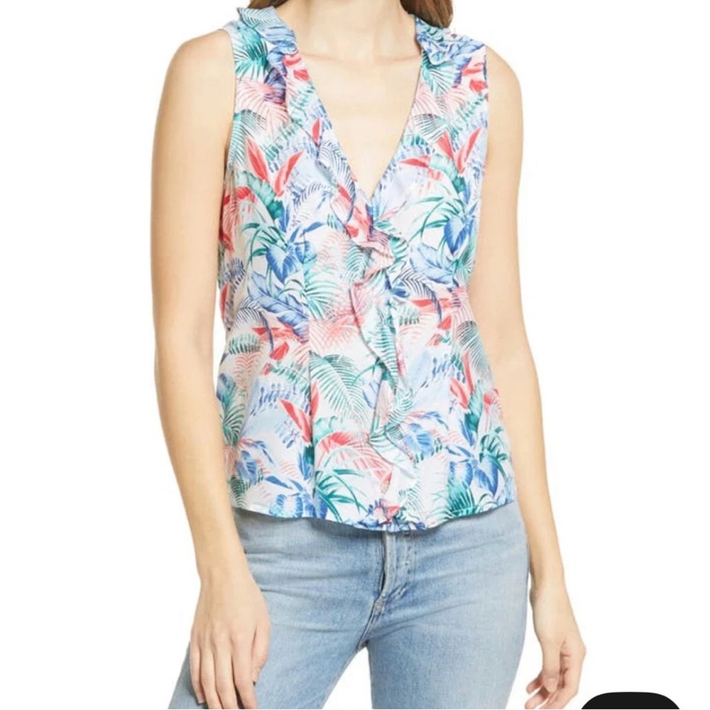 Tommy Bahama Coral, Blue & Green Tropical Ruffle V-Neck Sleeveless Camisole